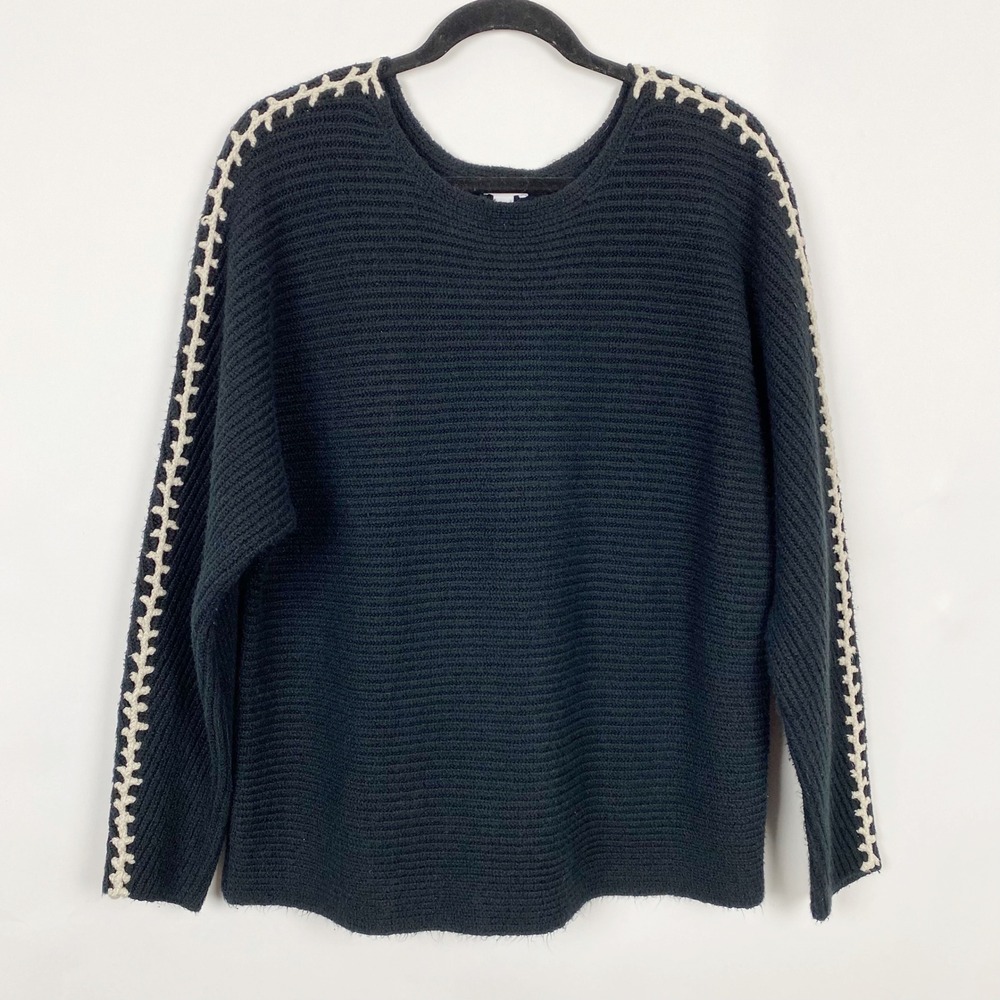 J.Jill Pure Jill Whipstitch Ribbed Pullover Sweater Womens Large Black